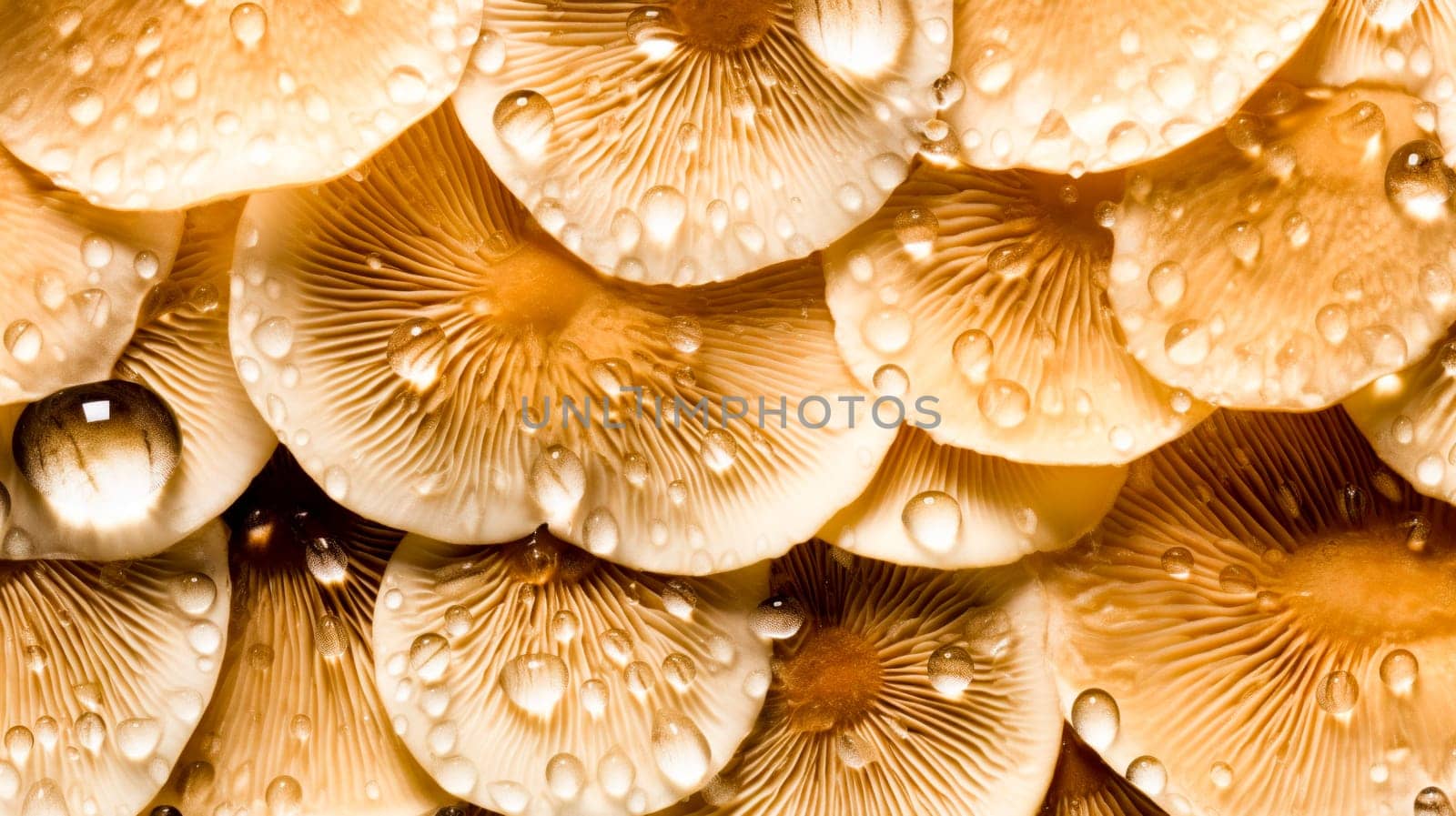 Close-up of glistening golden mushrooms with water droplets enhancing their texture.