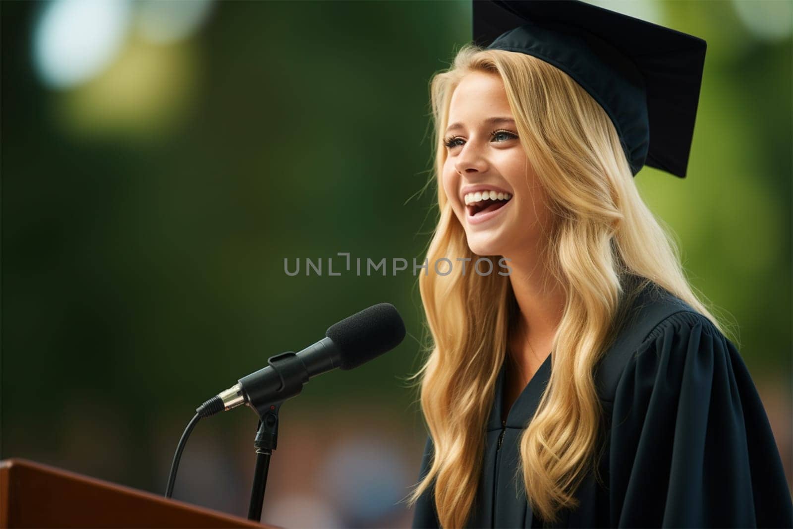 A smiling female graduate delivering a speech at a podium, outdoors with a green backdrop.