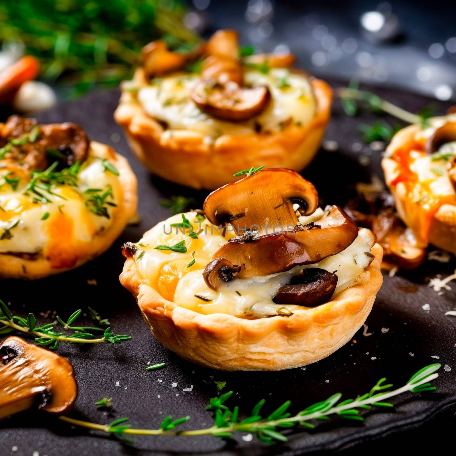 Savory mushroom pastries garnished with fresh herbs on a textured slate surface.