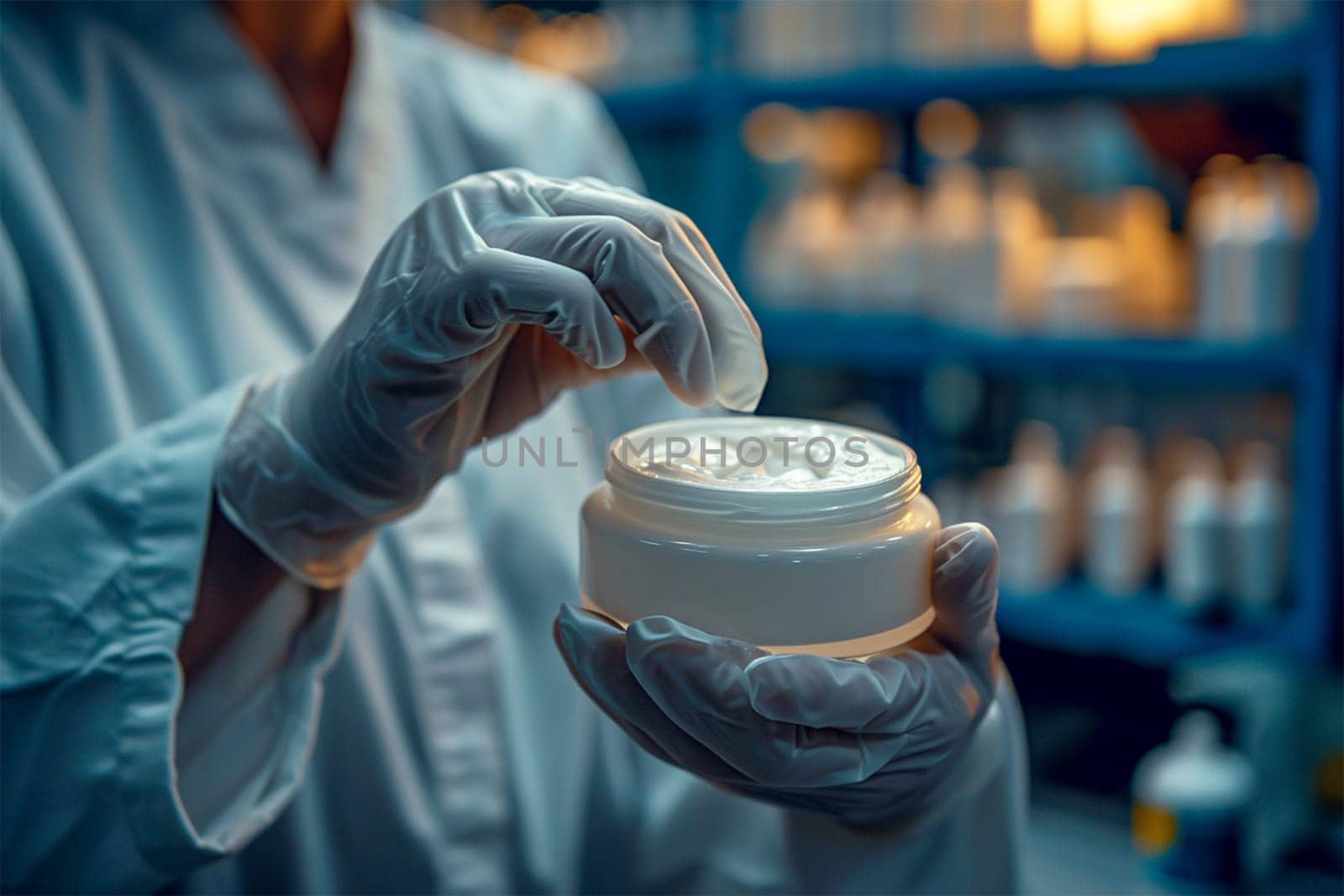 A lab technician inspects a jar of cream in a pharmaceutical manufacturing setting, highlighting quality control. Pharmaceutical Cream Inspection.
