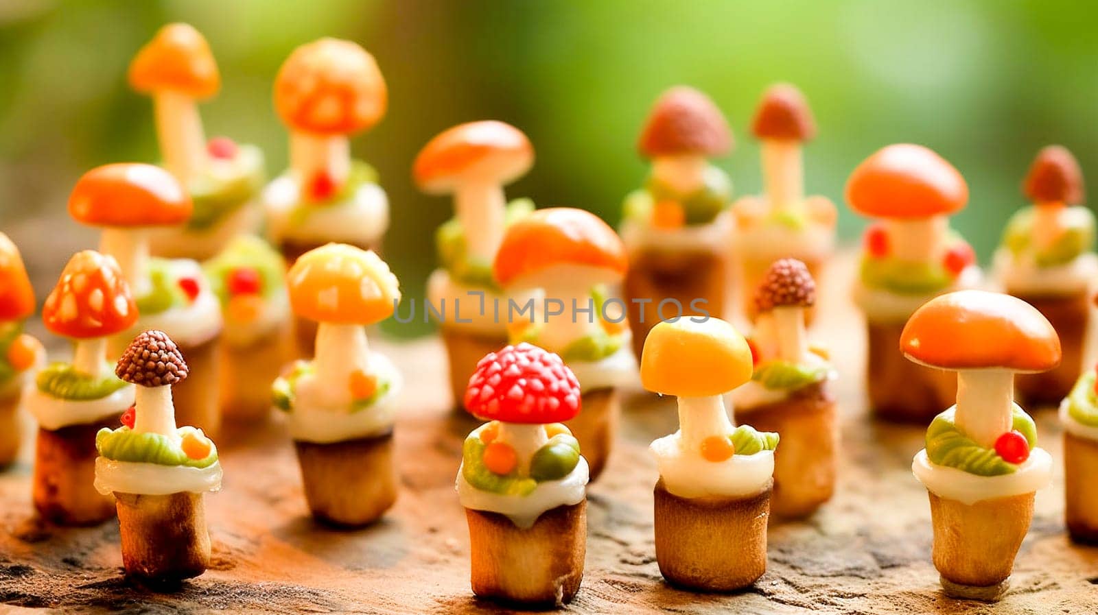 Artistic marzipan mushrooms in bright colors, imitating a fairytale scene.
