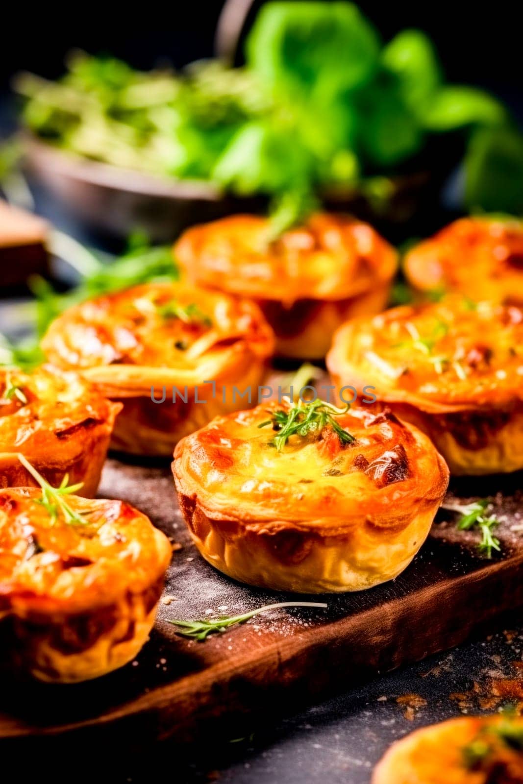 Close-up of savory tartlets with a focus on the melted cheese and herb topping.