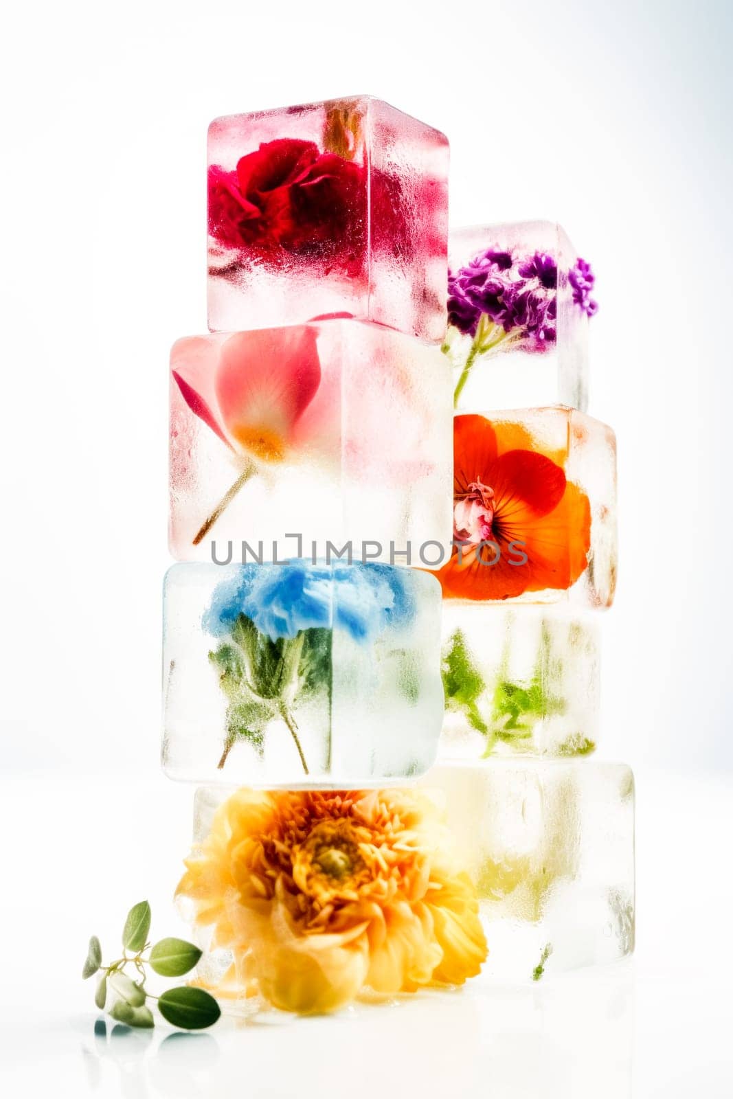 A tower of ice cubes with vibrant flowers encapsulated inside, showcasing a blend of nature and creative design.