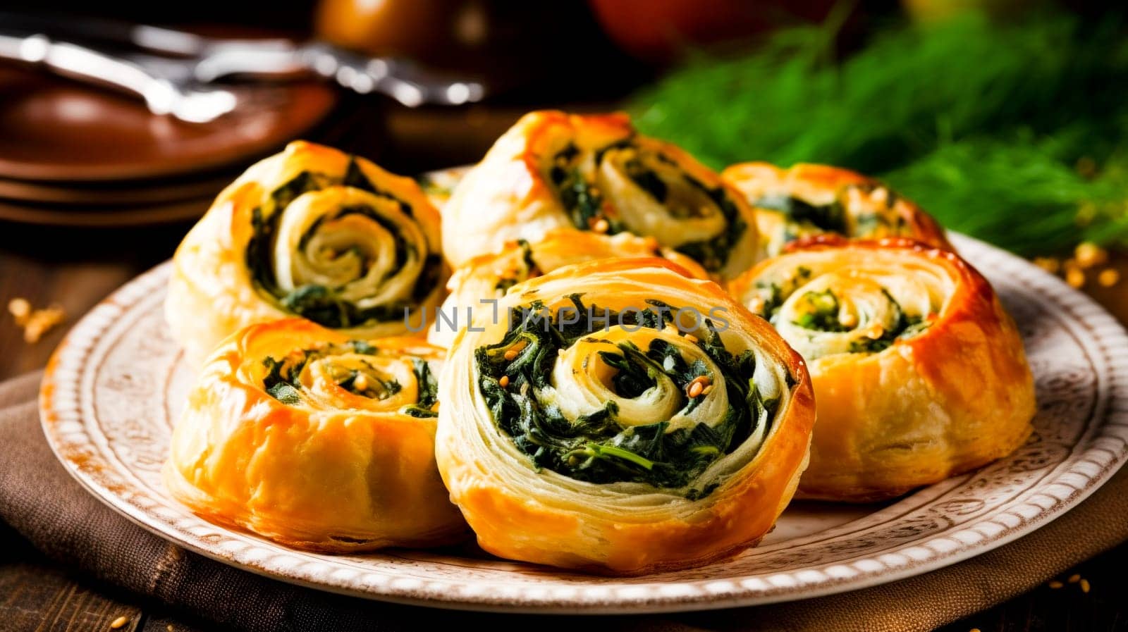 Spinach and cheese pastry presented with culinary elegance on an ornate plate.
