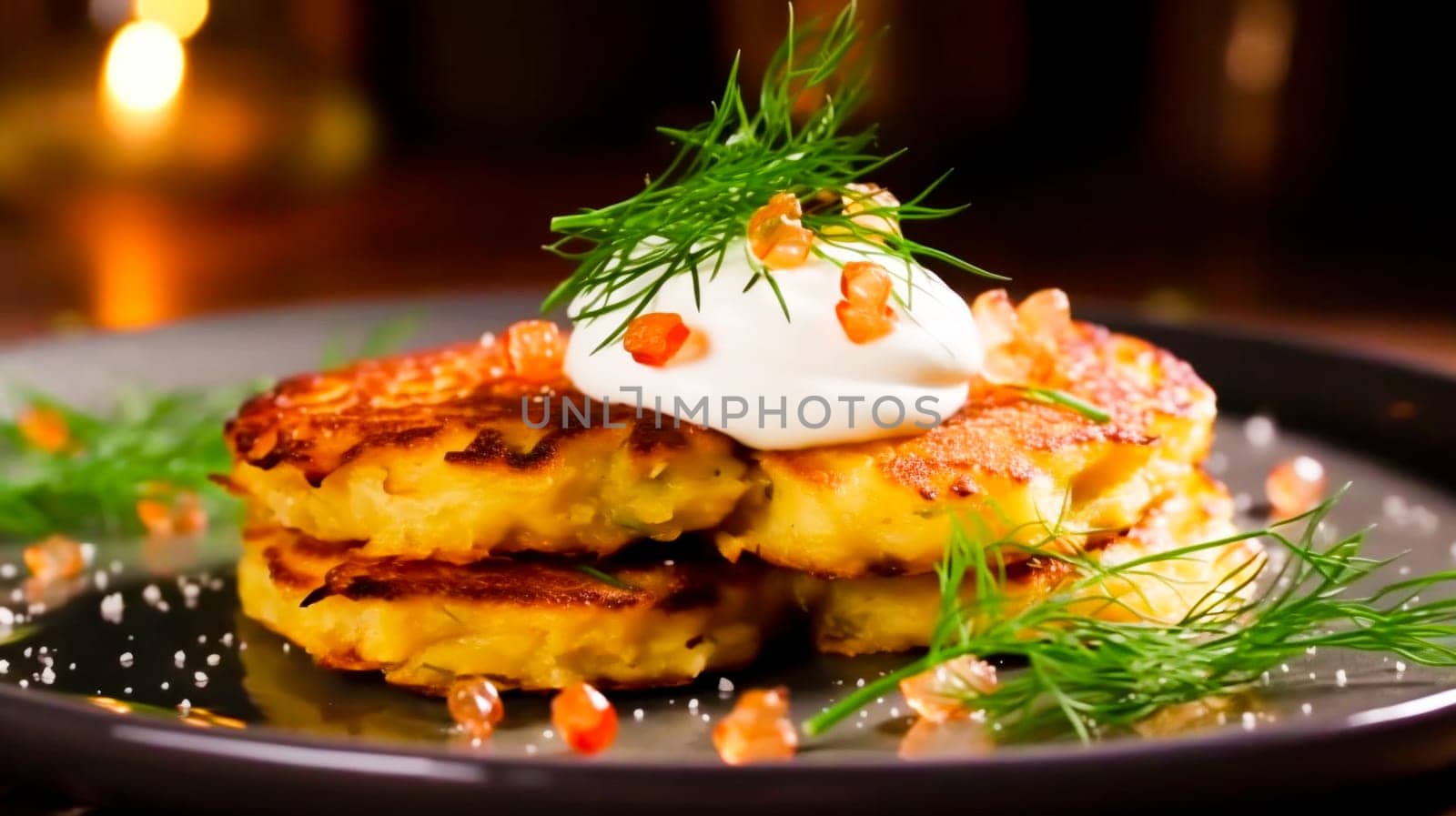 golden potato pancakes topped with sour cream, dill, and roe, served on a dark plate with warm lighting.