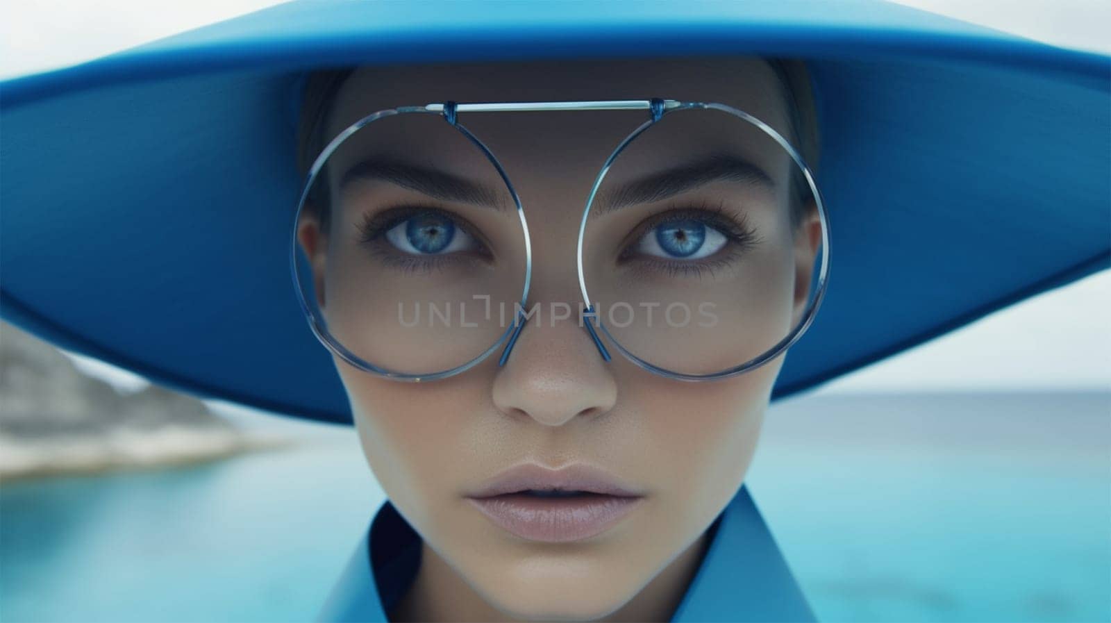 A striking portrait of a woman with blue fashion accessories and sharp gaze, evoking elegance.