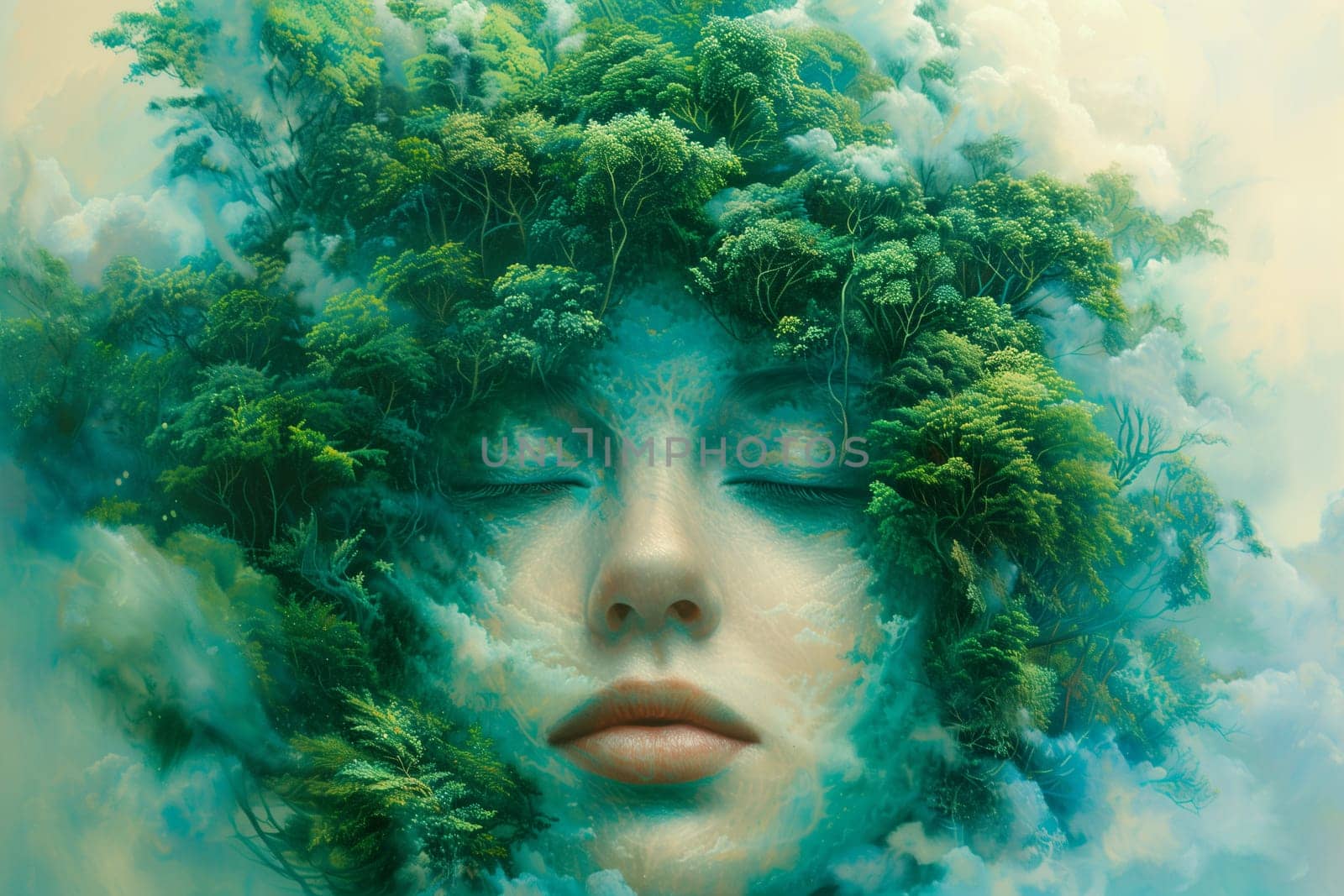 Woman portrait with trees, planet earth, green forest and woodland, environment concept, connect and protect nature, earth day