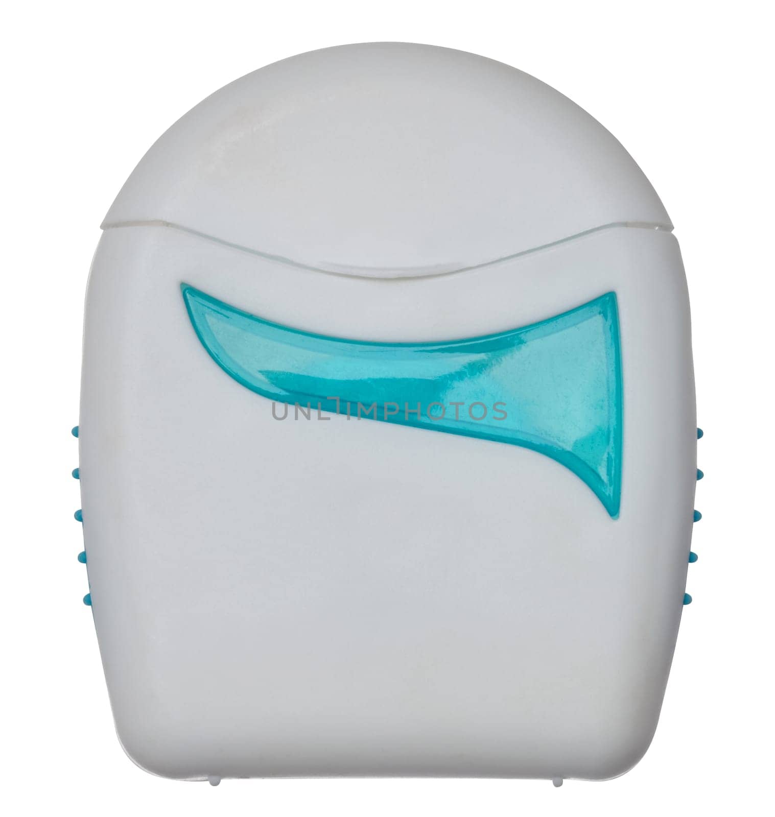 White plastic container with dental floss on isolated background, close up