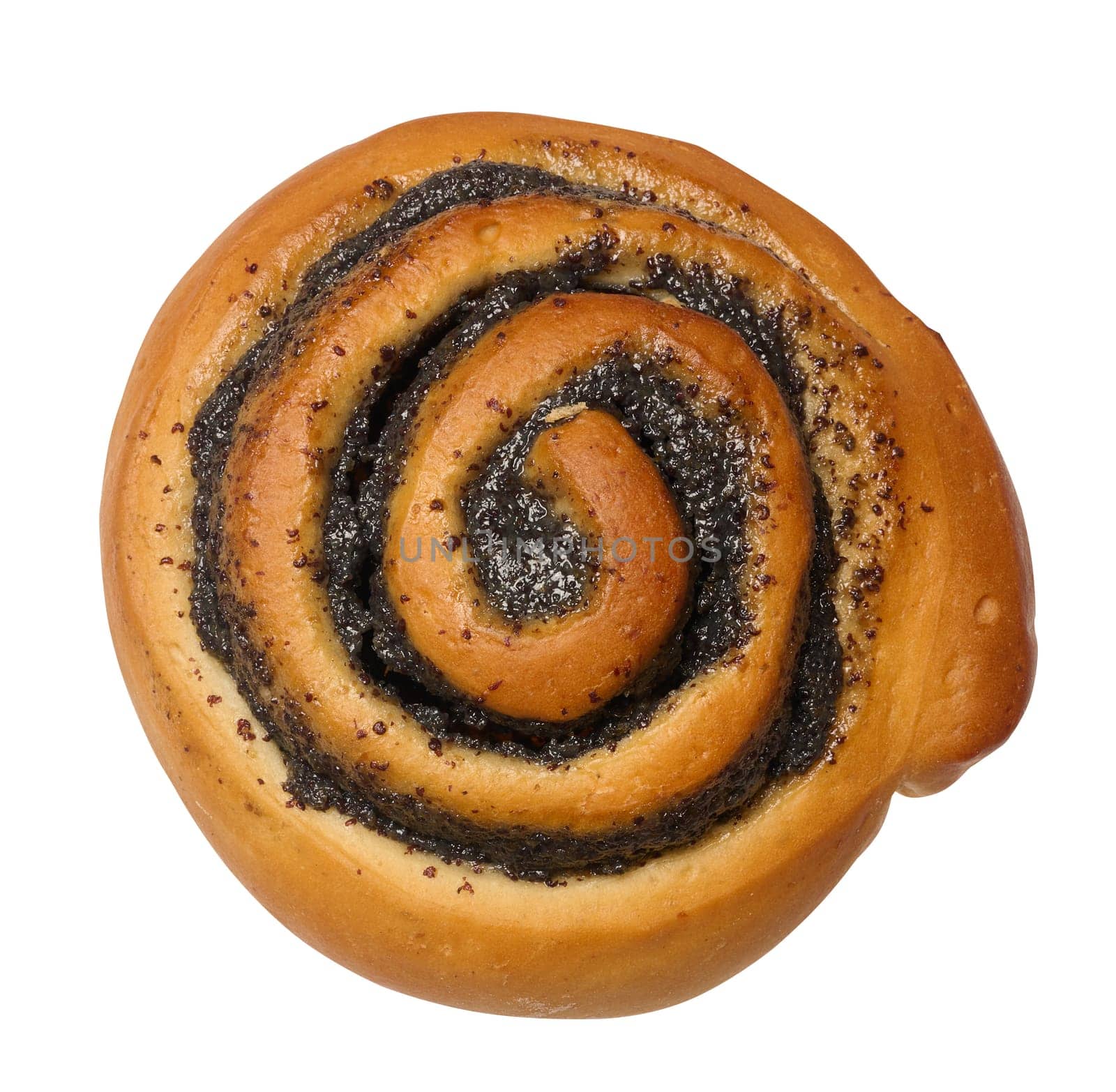 Round baked bun with poppy seeds on isolated background, top view