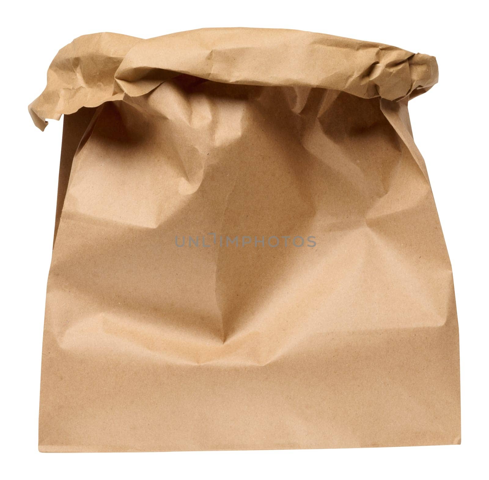 A large empty brown kraft paper bag for packaging products in stores on an isolated background