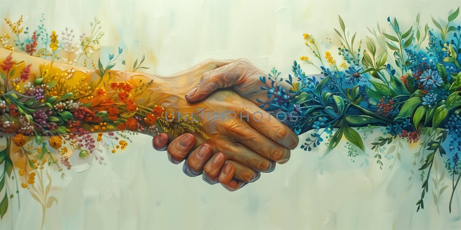 Handshaking, flowers growing on the hand, green deal, protect nature and planet earth, sustainable lifestyle, ecology and environment
