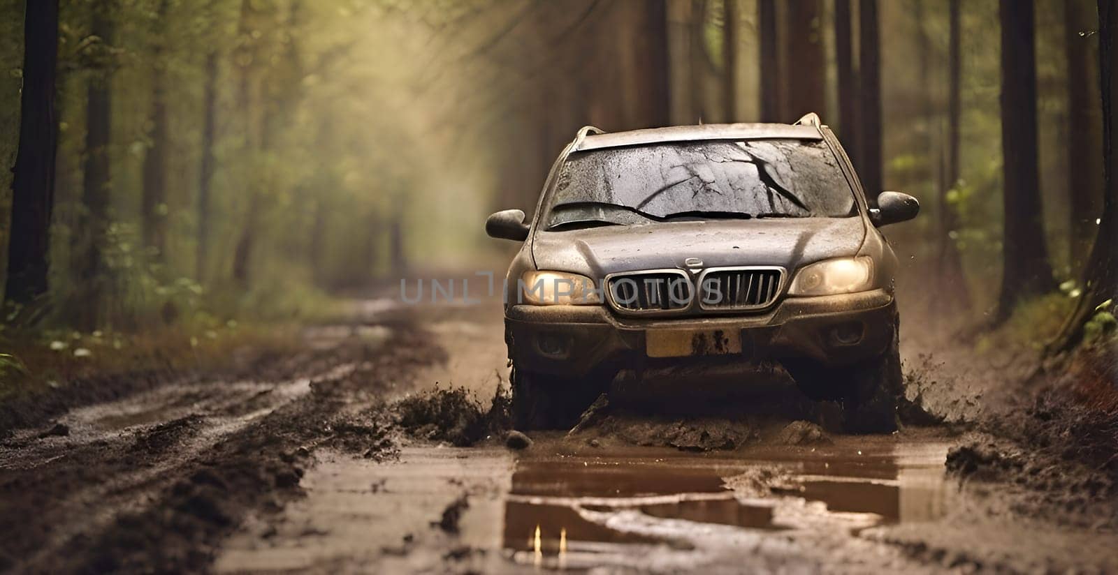 Car drives in the heavy mud