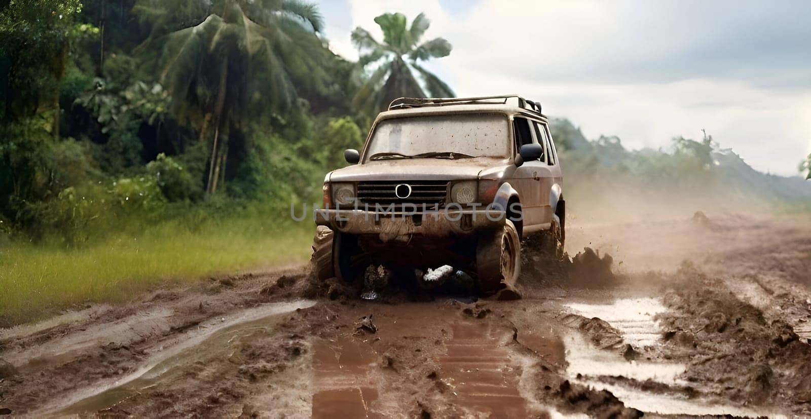 Car drives in the heavy mud