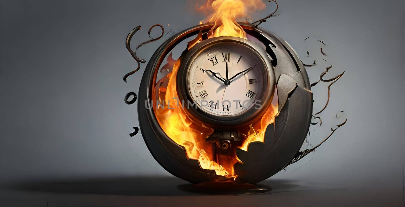 Burning clock on fire, No time concept
