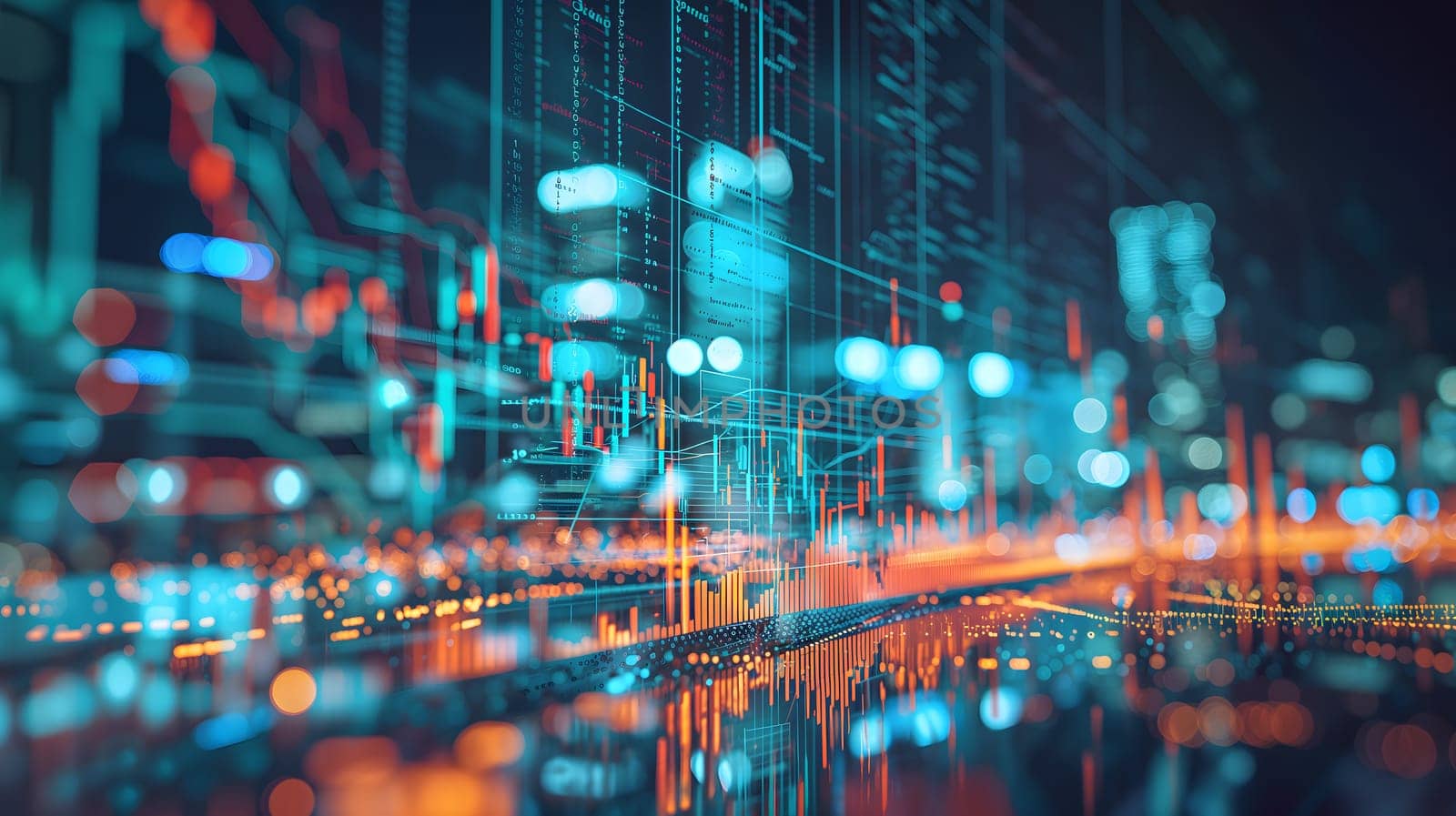 Dynamic Finance Flow, Double Exposure of Data and Technology background. Neural network generated image. Not based on any actual scene or pattern.