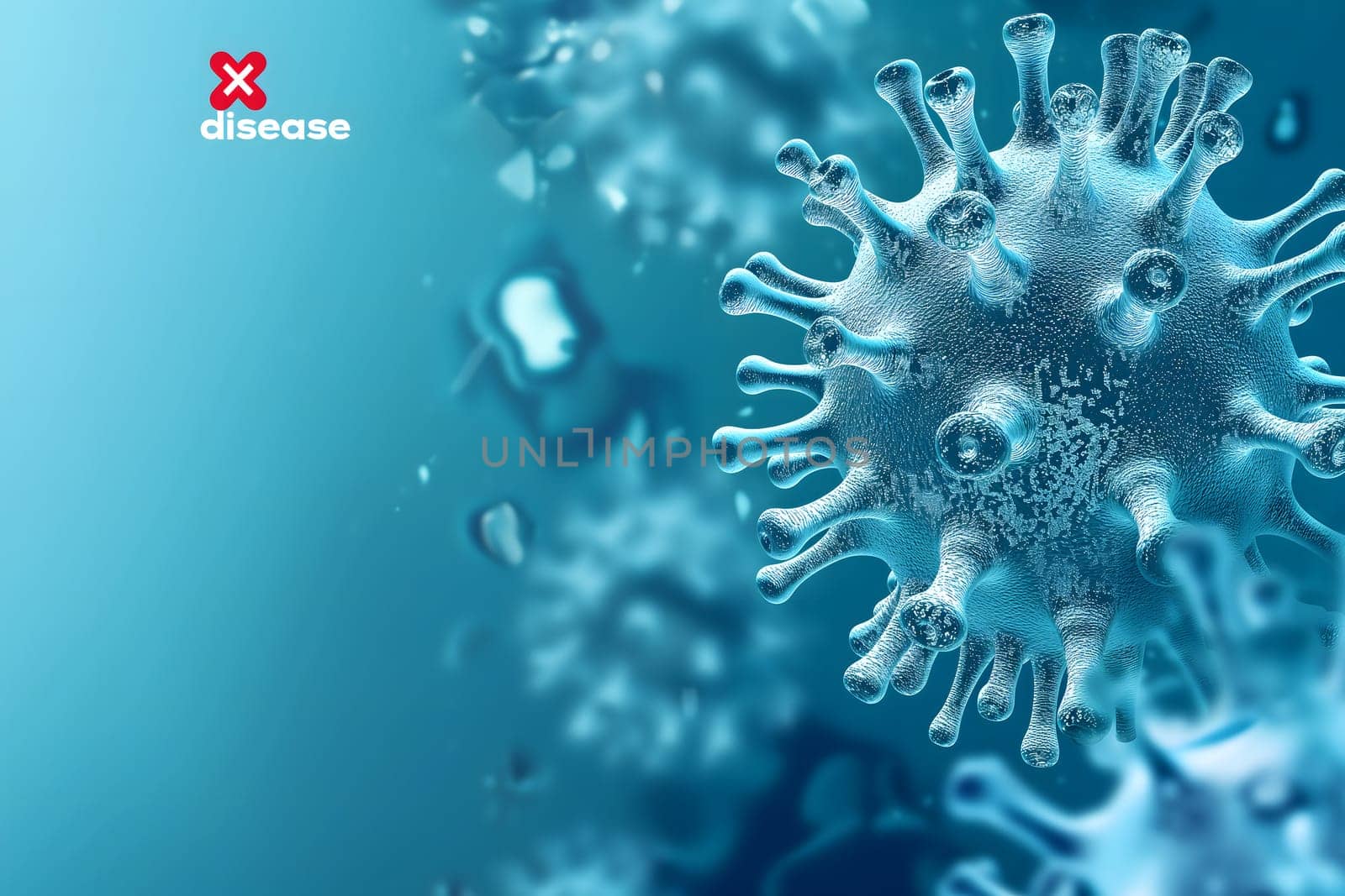 Disease X conceptual composition with coronaviruses for new pandemic topic. Neural network generated image. Not based on any actual scene or pattern.