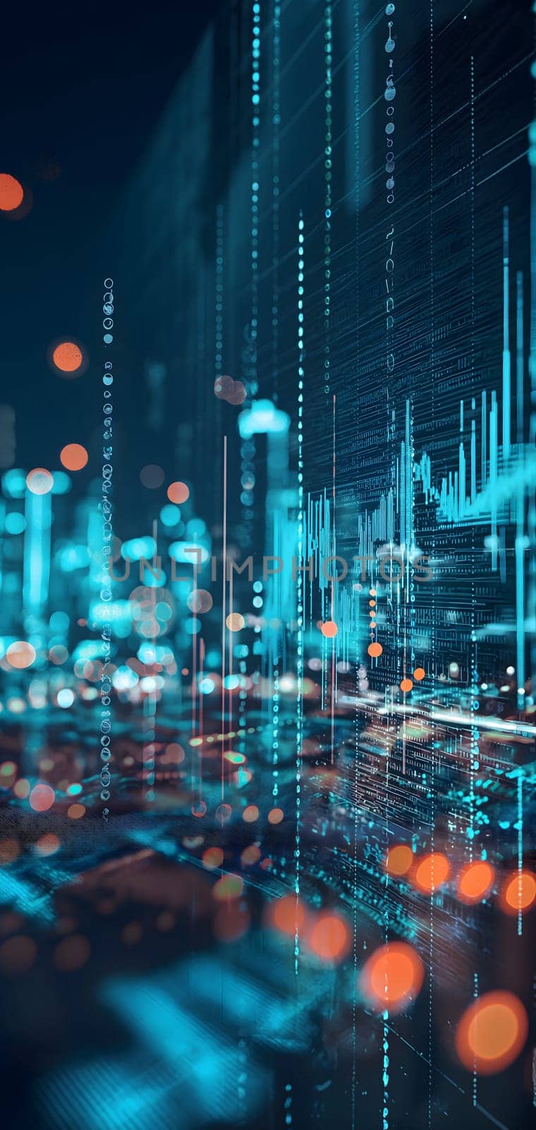 Dynamic Finance Flow, Double Exposure of Data and Technology background. Neural network generated image. Not based on any actual scene or pattern.