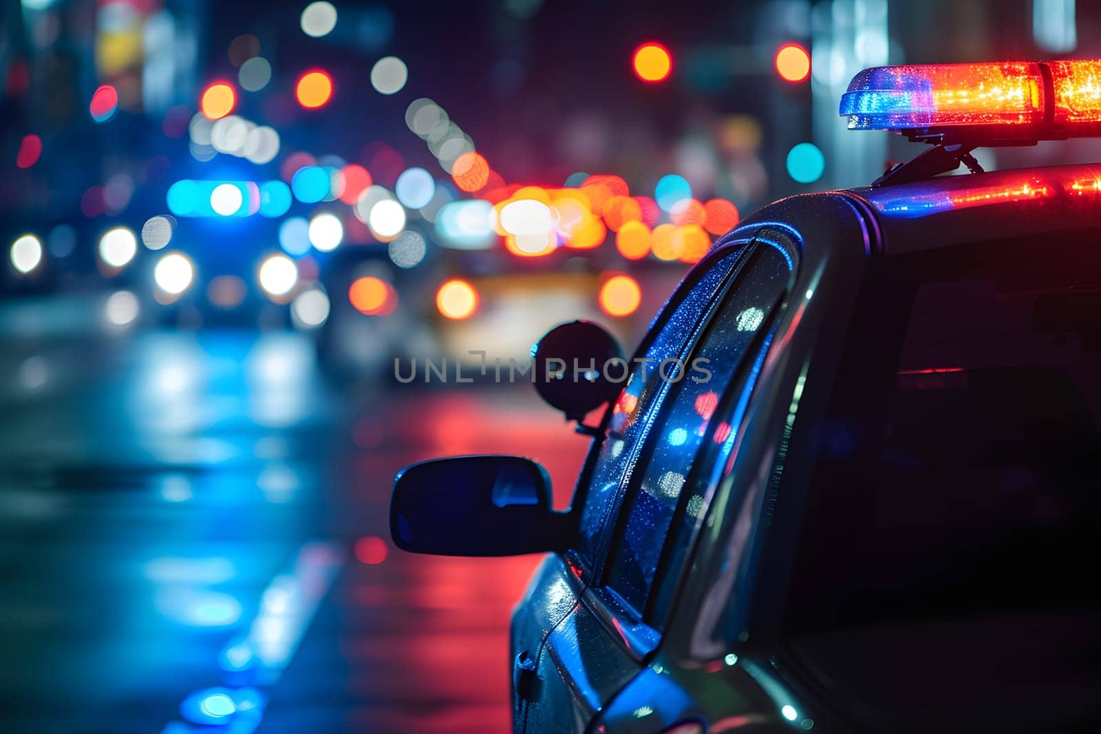 police car lights at night in city street with selective focus and bokeh. Neural network generated image. Not based on any actual person or scene.