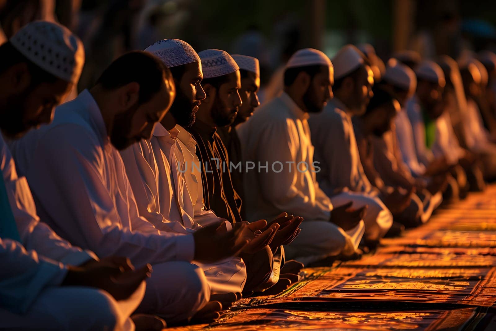 Muslim prayers in white clothes sitting in front of mosque at Ramadan night with selective focus. Neural network generated in January 2024. Not based on any actual scene or pattern.