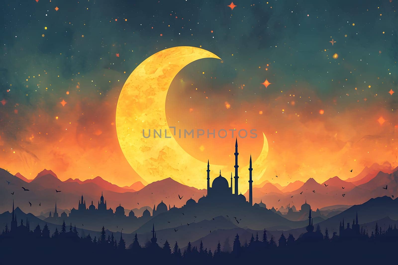 Ramadan mosque with night afterglow sky with crescent. Neural network generated in January 2024. Not based on any actual scene or pattern.