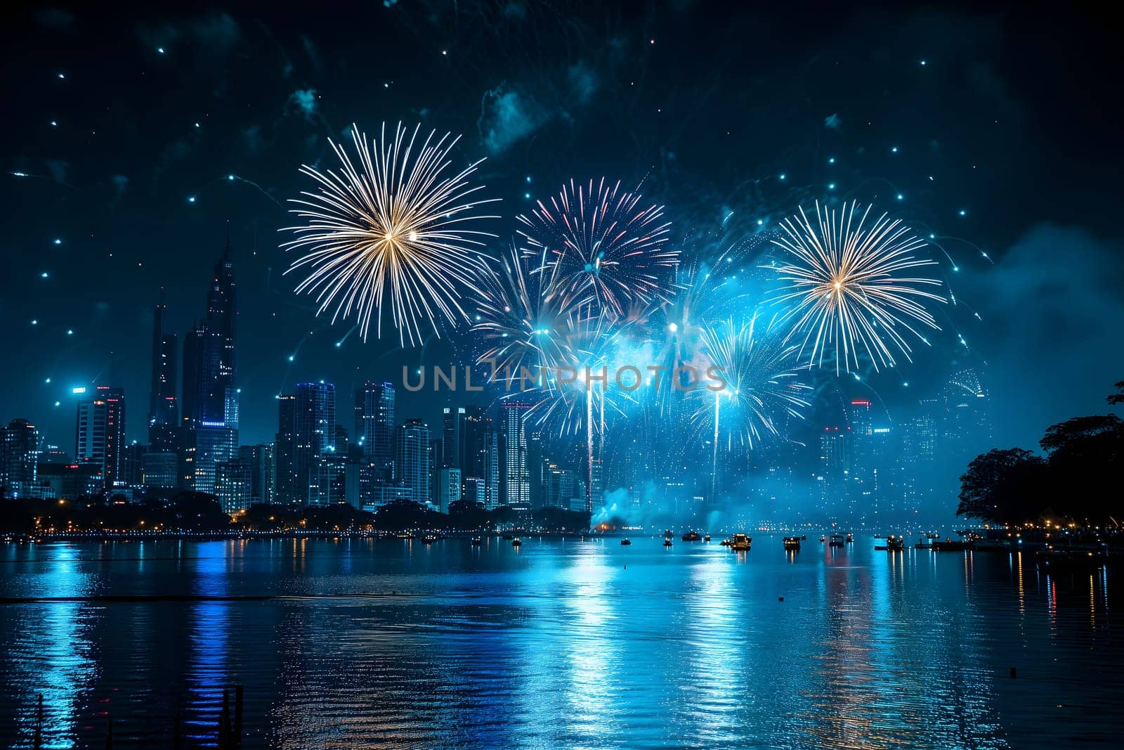 A spectacular image of fireworks illuminating the night sky over a city. Neural network generated in January 2024. Not based on any actual scene or pattern.