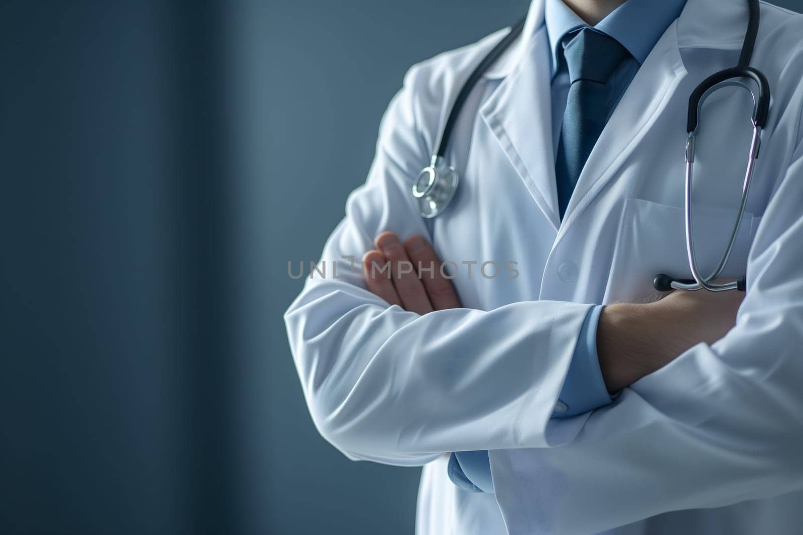 Abstract Medical Doctor, Symbolizing Compassion and Expertise asymmetrical composition with copy space. Neural network generated image. Not based on any actual scene or pattern.