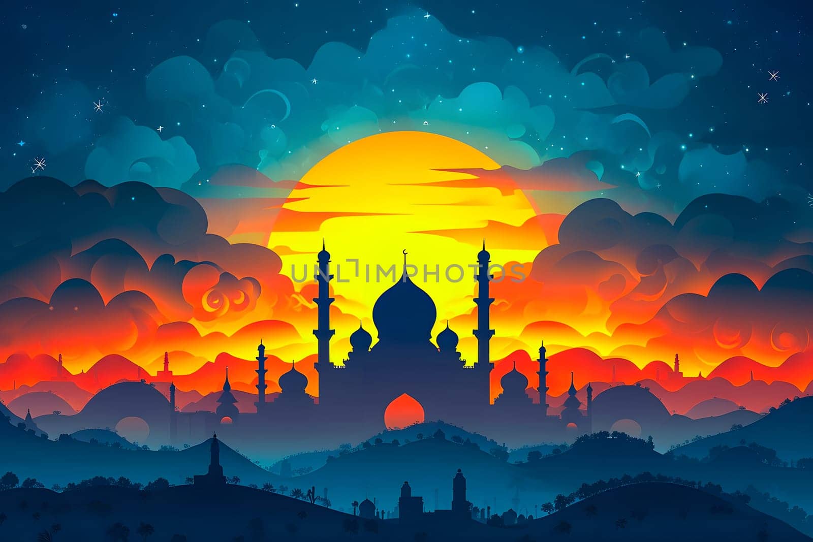 Ramadan mosque with night afterglow sky with full moon. Neural network generated in January 2024. Not based on any actual scene or pattern.