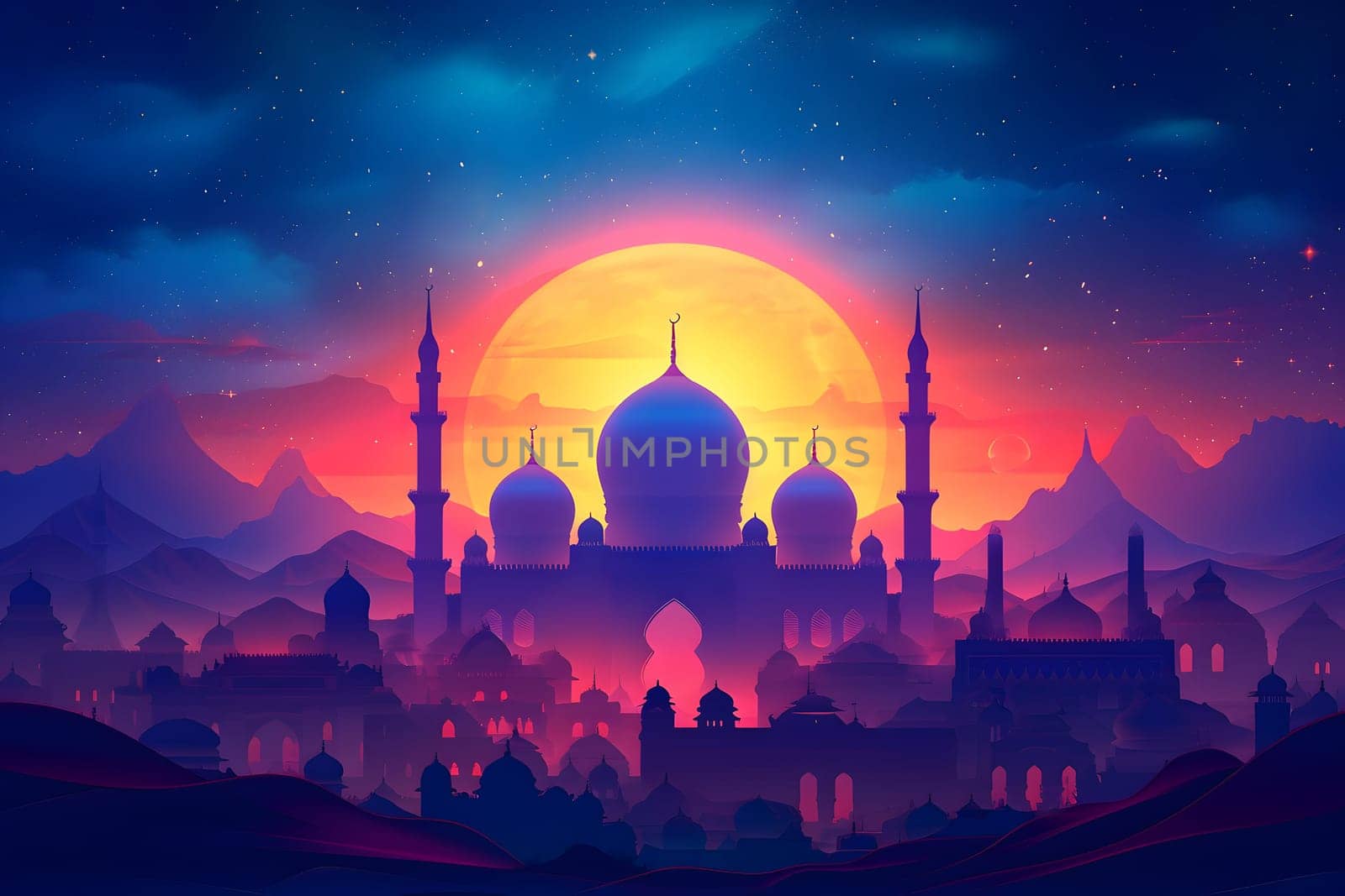 Ramadan mosque with night afterglow sky with full moon. Neural network generated in January 2024. Not based on any actual scene or pattern.
