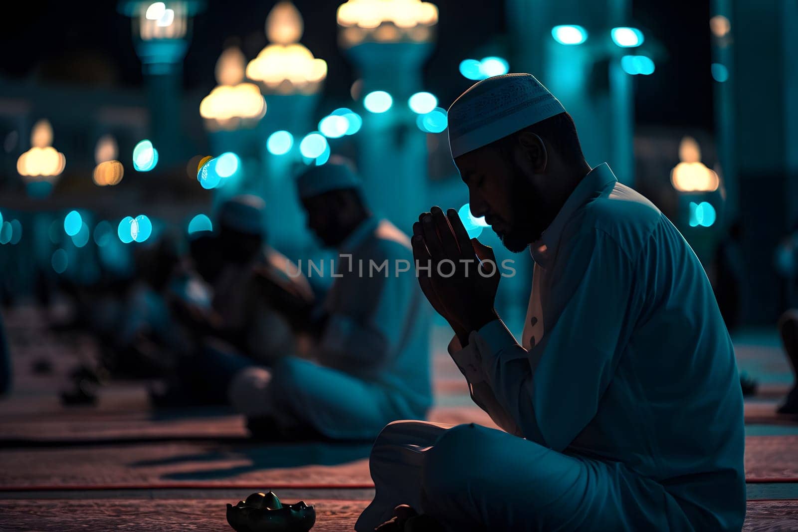 Muslim prayers in white clothes sitting in front of mosque at Ramadan night with selective focus. Neural network generated in January 2024. Not based on any actual scene or pattern.