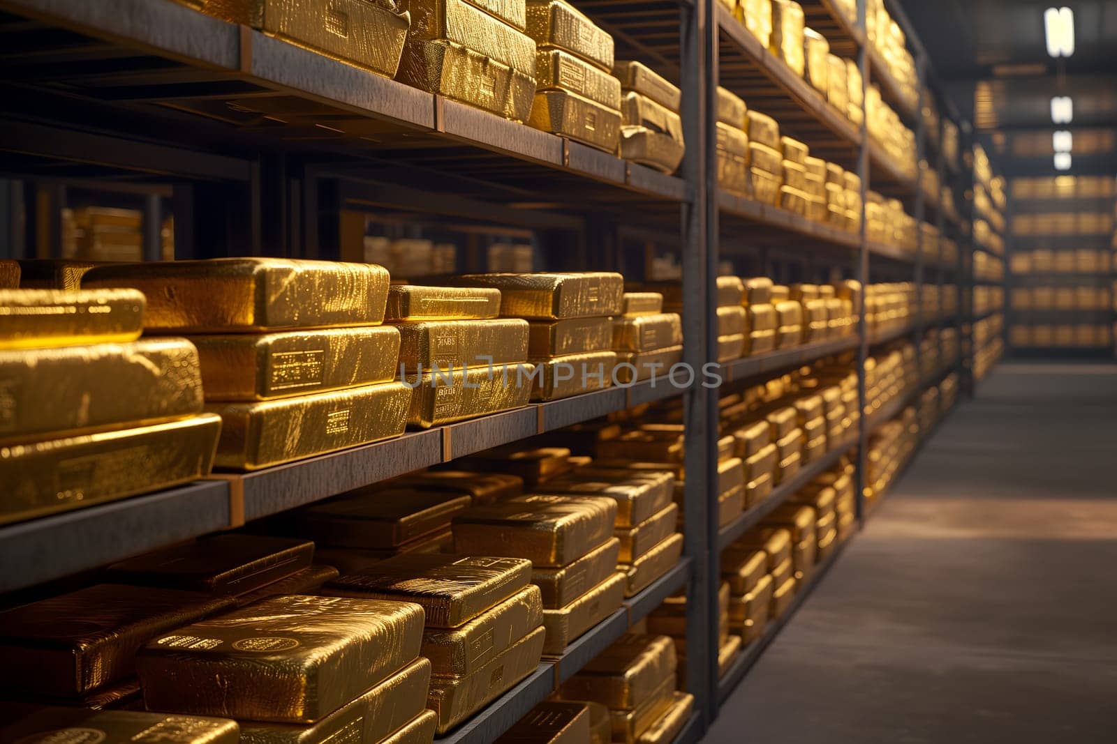 Generic gold reserve vault with stacks of gold bars. Neural network generated image. Not based on any actual scene or pattern.