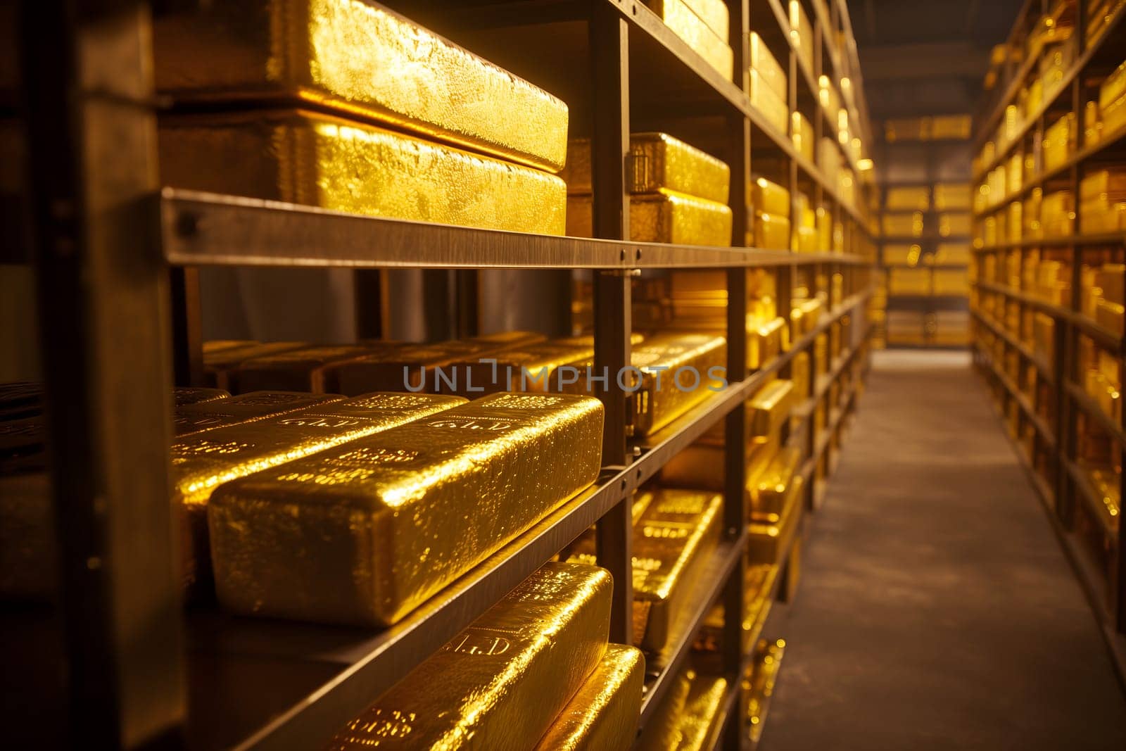 Generic gold reserve vault with stacks of gold bars. Neural network generated image. Not based on any actual scene or pattern.