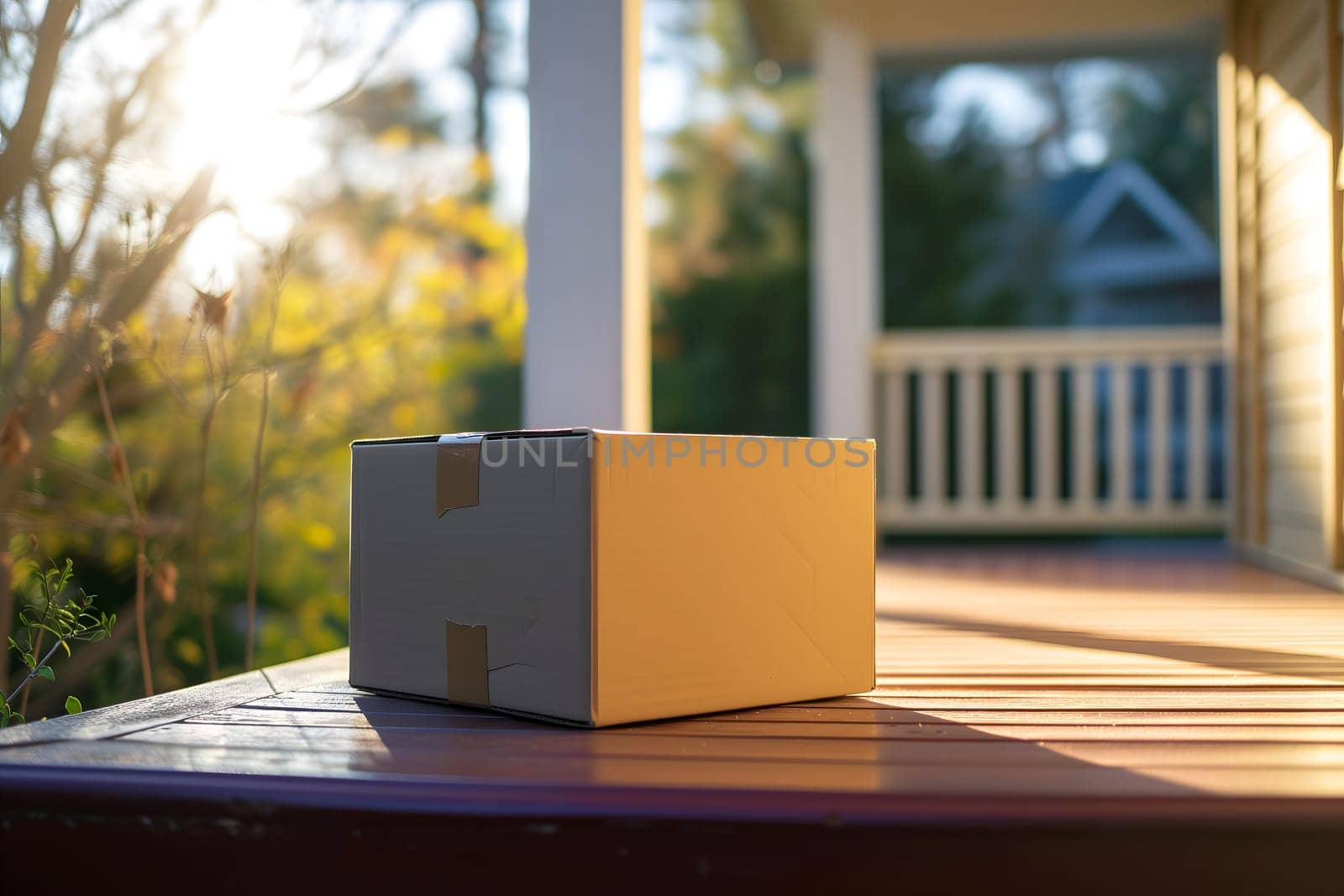 Cardboard box in front of residential home entrance at sunny day. Neural network generated image. Not based on any actual person or scene.