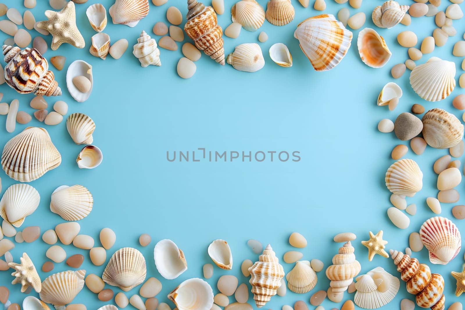 Seashells, pebbles, mockup on blue background. Blank, top view, still life, flat lay. Sea vacation travel concept tourism and resorts. Summer holidays. Neural network generated in January 2024. Not based on any actual scene or pattern.