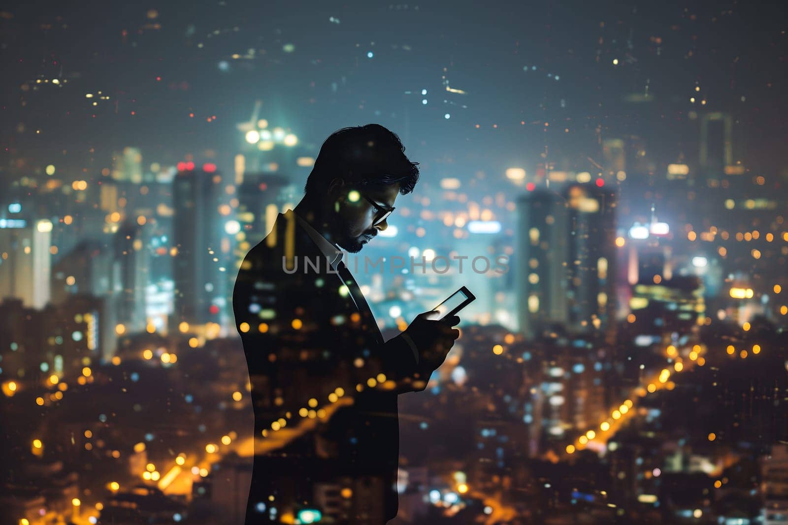 Double exposure of business and a city - Indian businessman using a digital tablet superimposed on a city skyline. Neural network generated image. Not based on any actual person or scene.