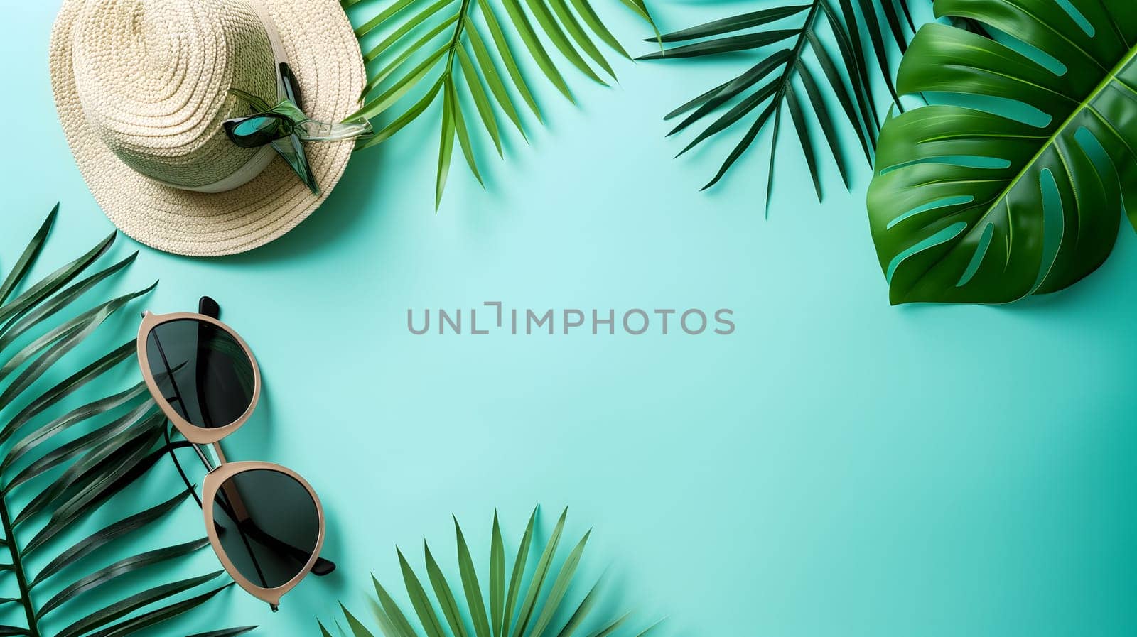 Hat, sunglasses, palm tree leaves on blue background. Blank, top view, still life, flat lay. Sea vacation travel concept tourism and resorts. Summer holidays. Neural network generated image. Not based on any actual scene or pattern.