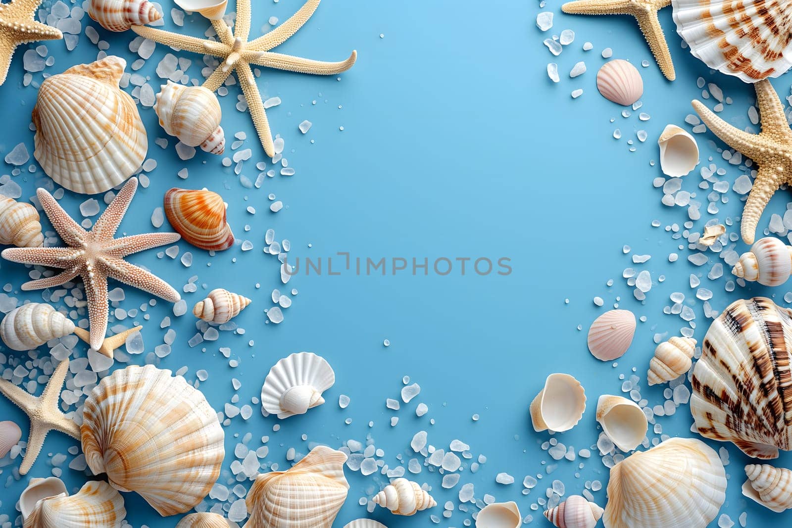 Seashells, pebbles, mockup on blue background. Blank, top view, still life, flat lay. Sea vacation travel concept tourism and resorts. Summer holidays. Neural network generated in January 2024. Not based on any actual scene or pattern.