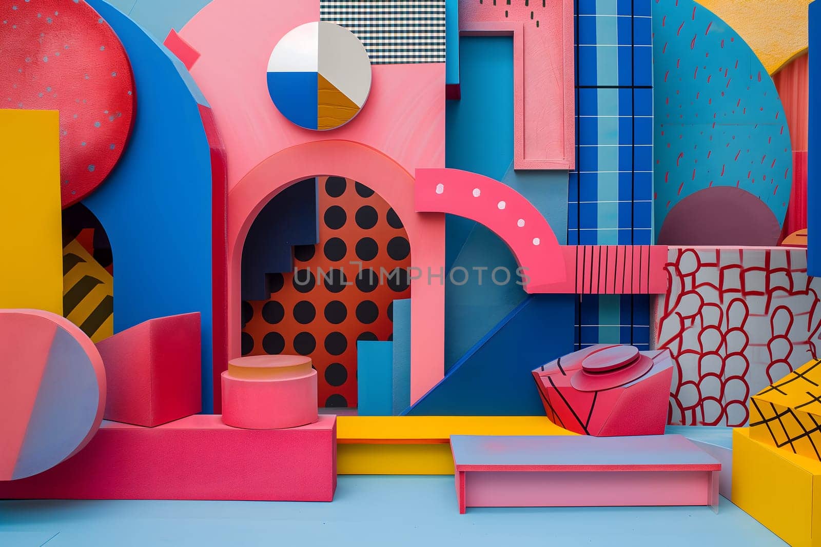 abstract background of playful convergence of 2D pop-art graphics and 3D geometric shapes creating a vibrant multiverse portal, embodying high-energy and big-impact visuals. Neural network generated image. Not based on any actual scene or pattern.