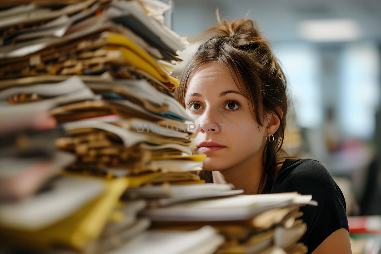 Young adult Caucasian woman in an office, overwhelmed by a mountains of paperwork. Neural network generated in January 2024. Not based on any actual scene or pattern.