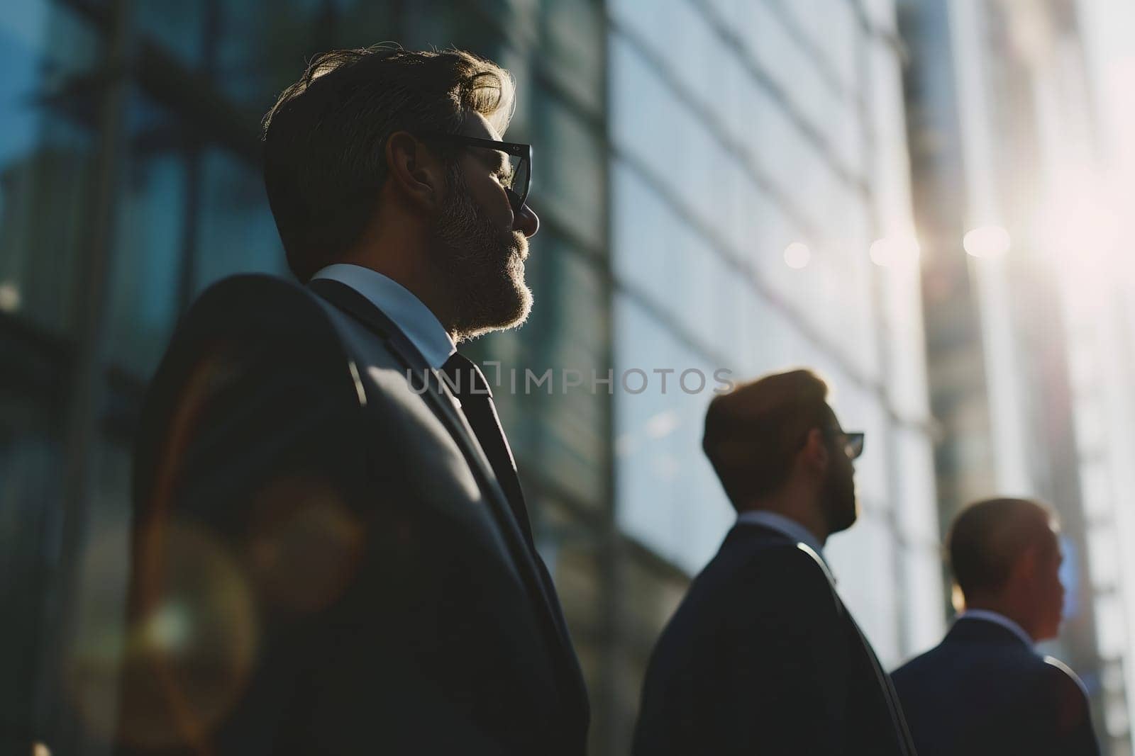 Close up abstract business background with businessmen navigating the cityscape, Interacting and collaborating. Neural network generated image. Not based on any actual person or scene.