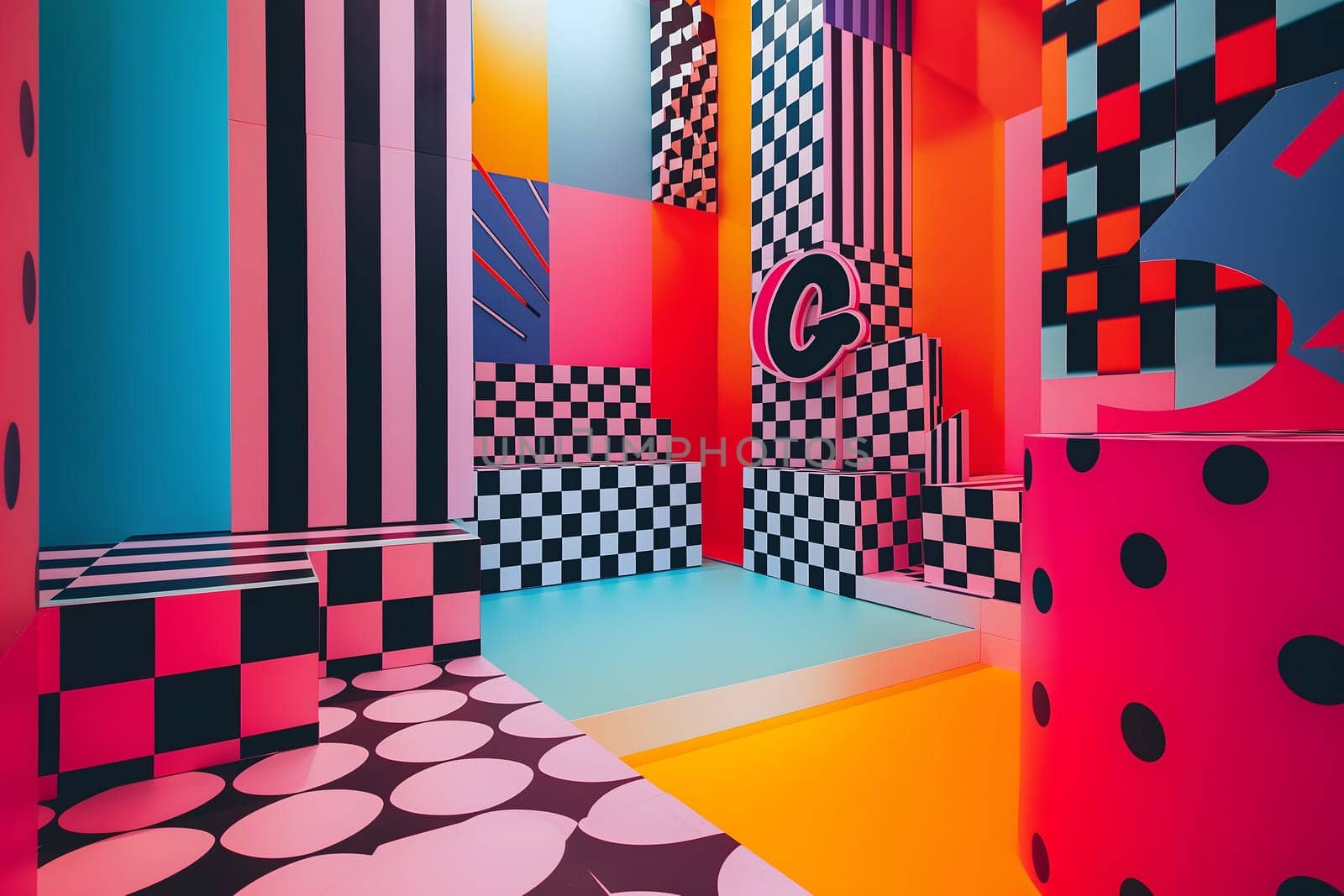 abstract background of playful convergence of 2D pop-art graphics and 3D geometric shapes creating a vibrant multiverse portal, embodying high-energy and big-impact visuals. Neural network generated image. Not based on any actual scene or pattern.