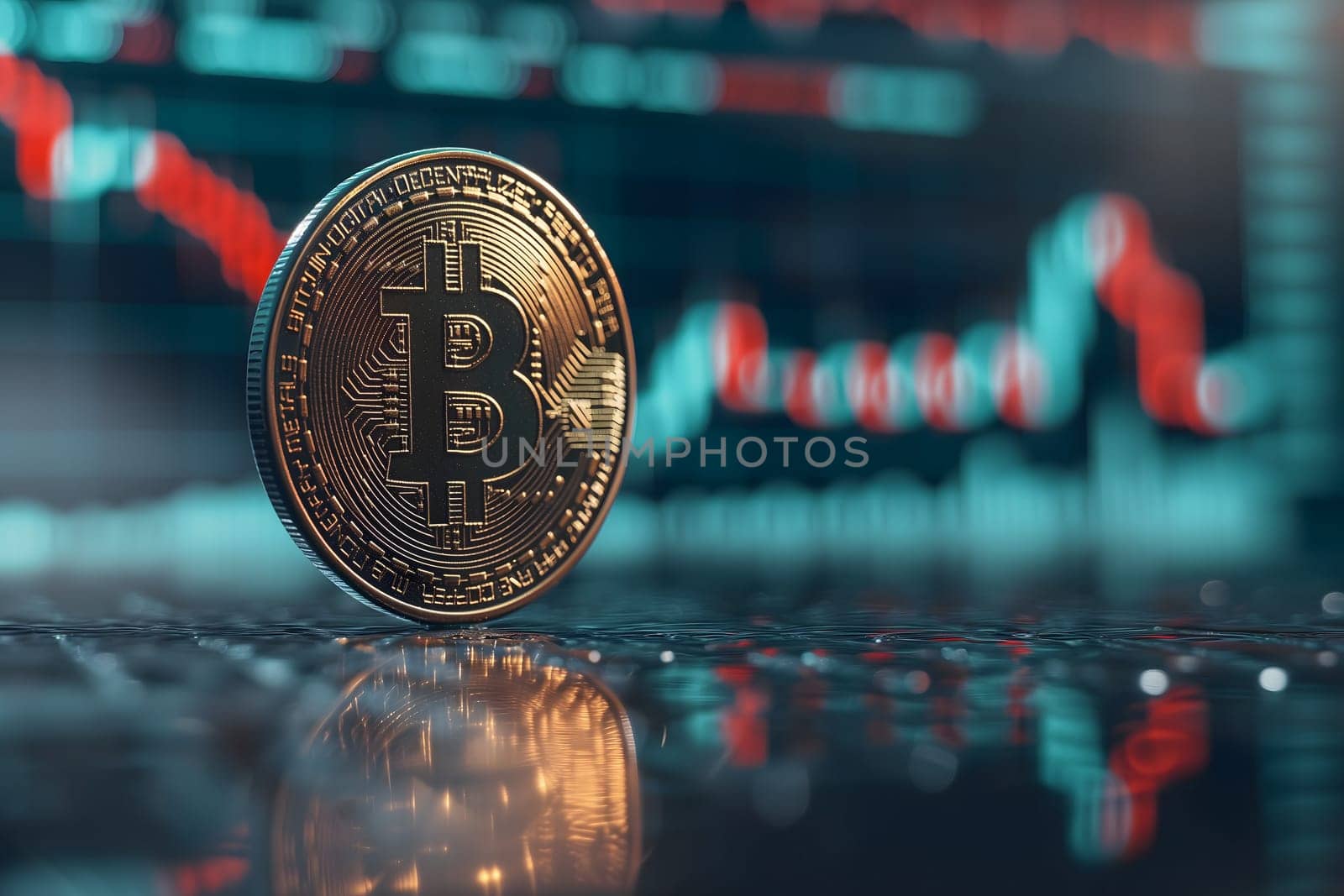 Bitcoin shiner in front of blurry trading charts screen. Dark appearance. Neural network generated image. Not based on any actual scene or pattern.