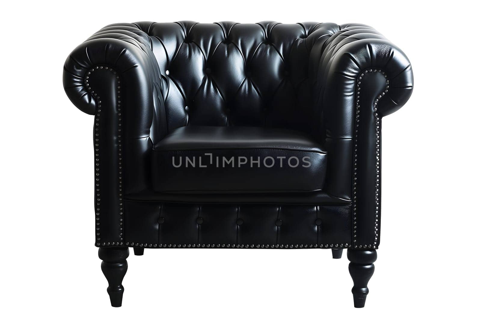 Black leather retro Victorian style armchair on white background. Digitally generated image. Not based on any actual person, scene or pattern.