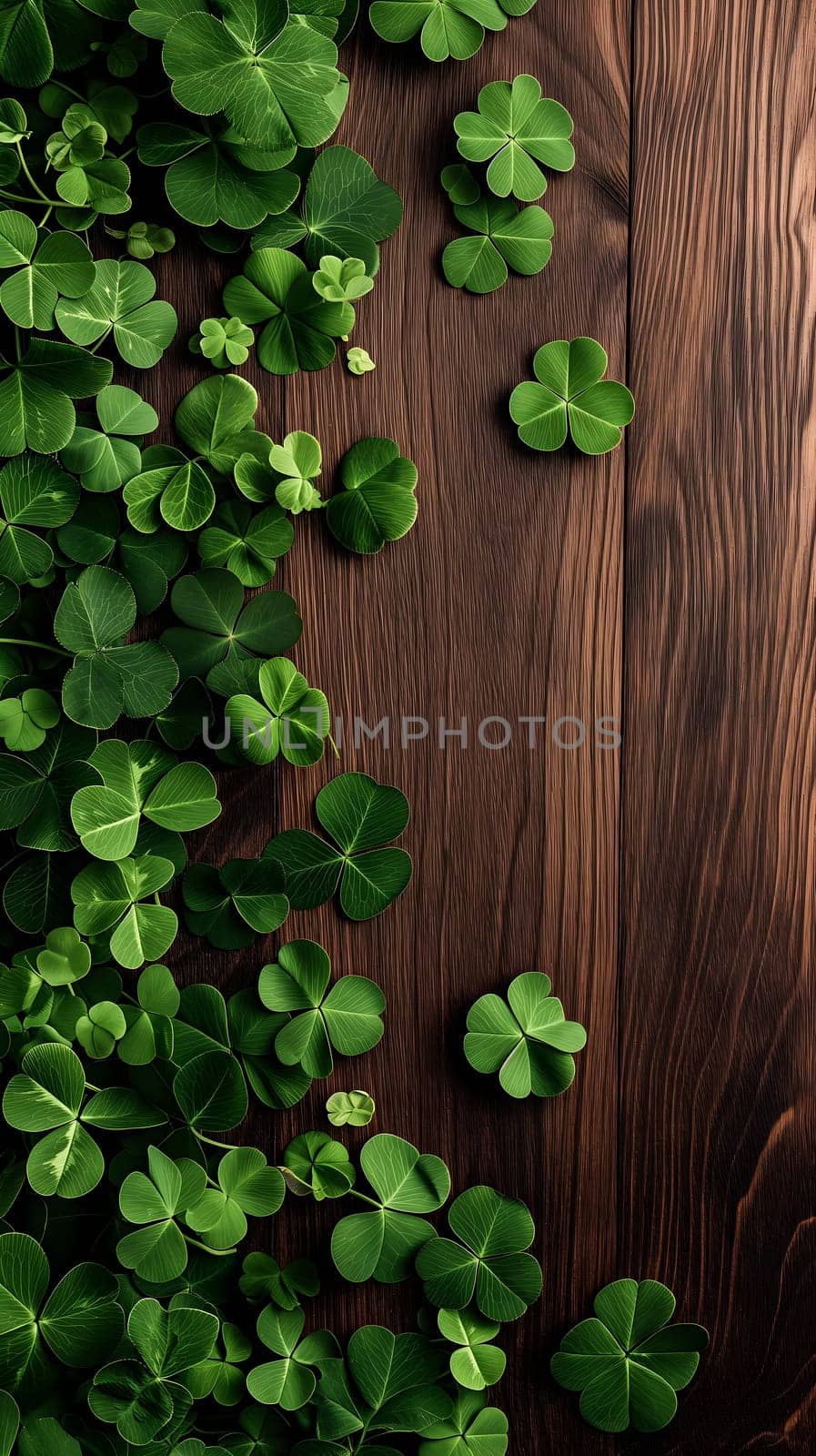 brown wooden planks board with clover - background for St. Patricks day. Neural network generated image. Not based on any actual scene or pattern.