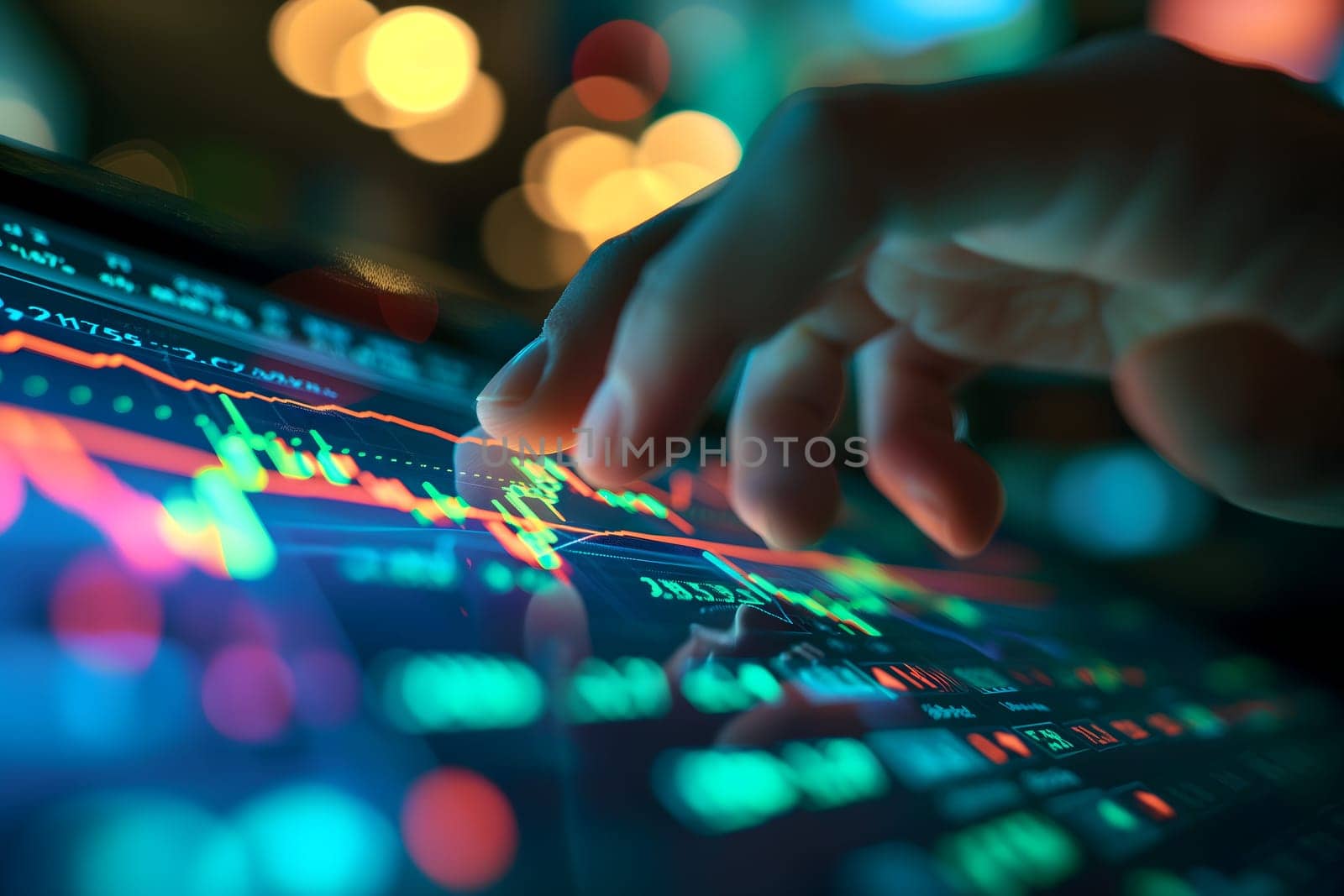 Human hand touching screen with graph and data. Neural network generated image. Not based on any actual scene or pattern.