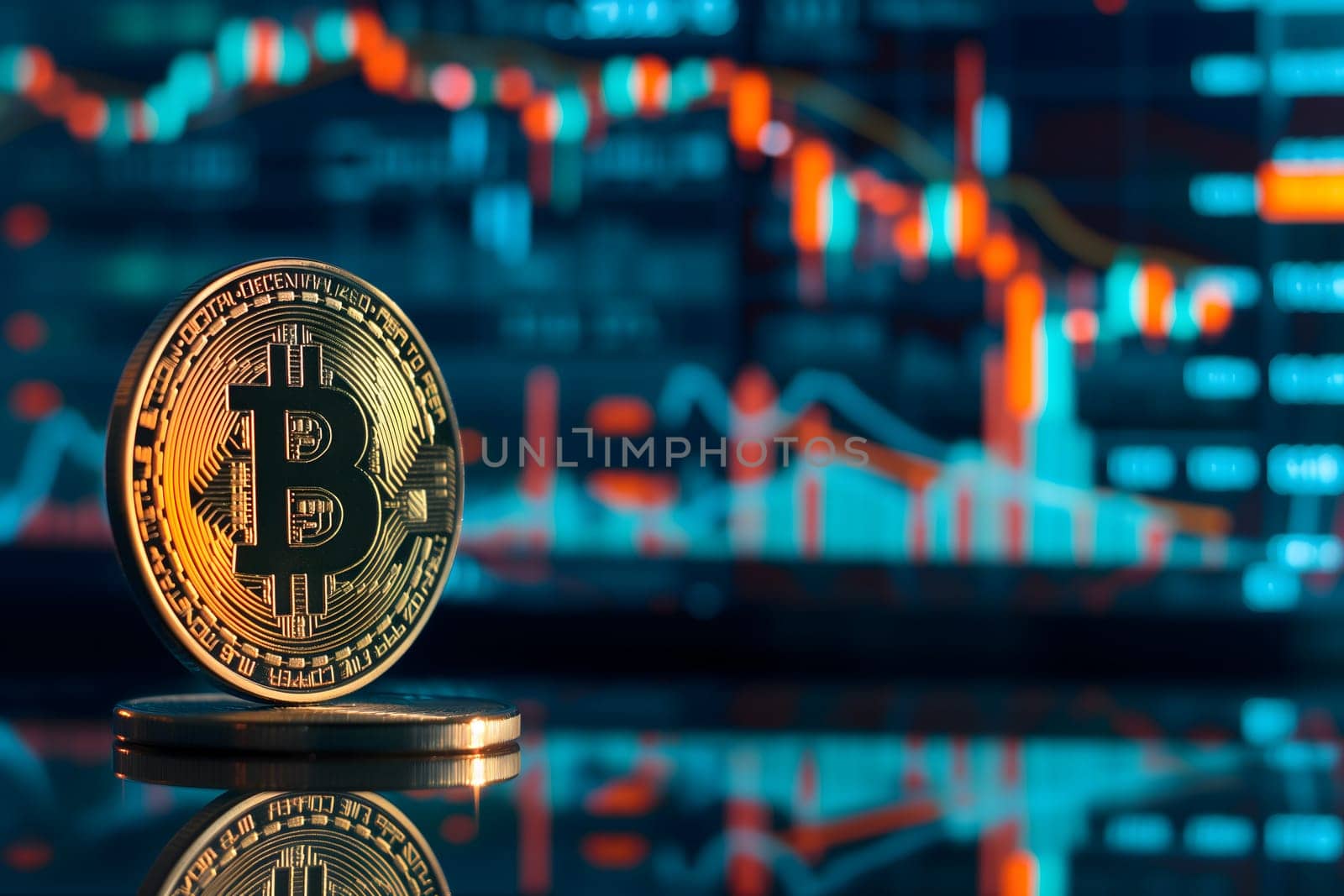 Bitcoin shiner in front of blurry trading charts screen. Dark appearance. Neural network generated image. Not based on any actual scene or pattern.