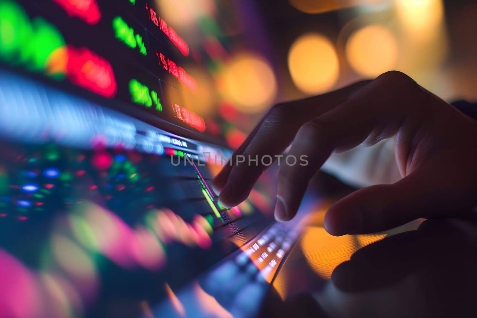 Human hand touching screen with graph and data. Neural network generated image. Not based on any actual scene or pattern.