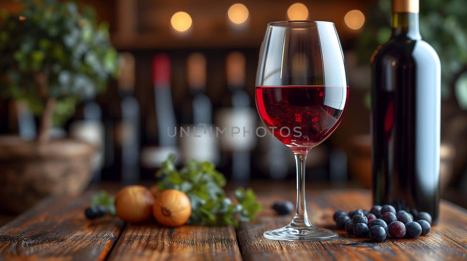 Glass with red wine and wine bottle on the right over a wooden table in the pub background with copy space. Neural network generated image. Not based on any actual scene or pattern.