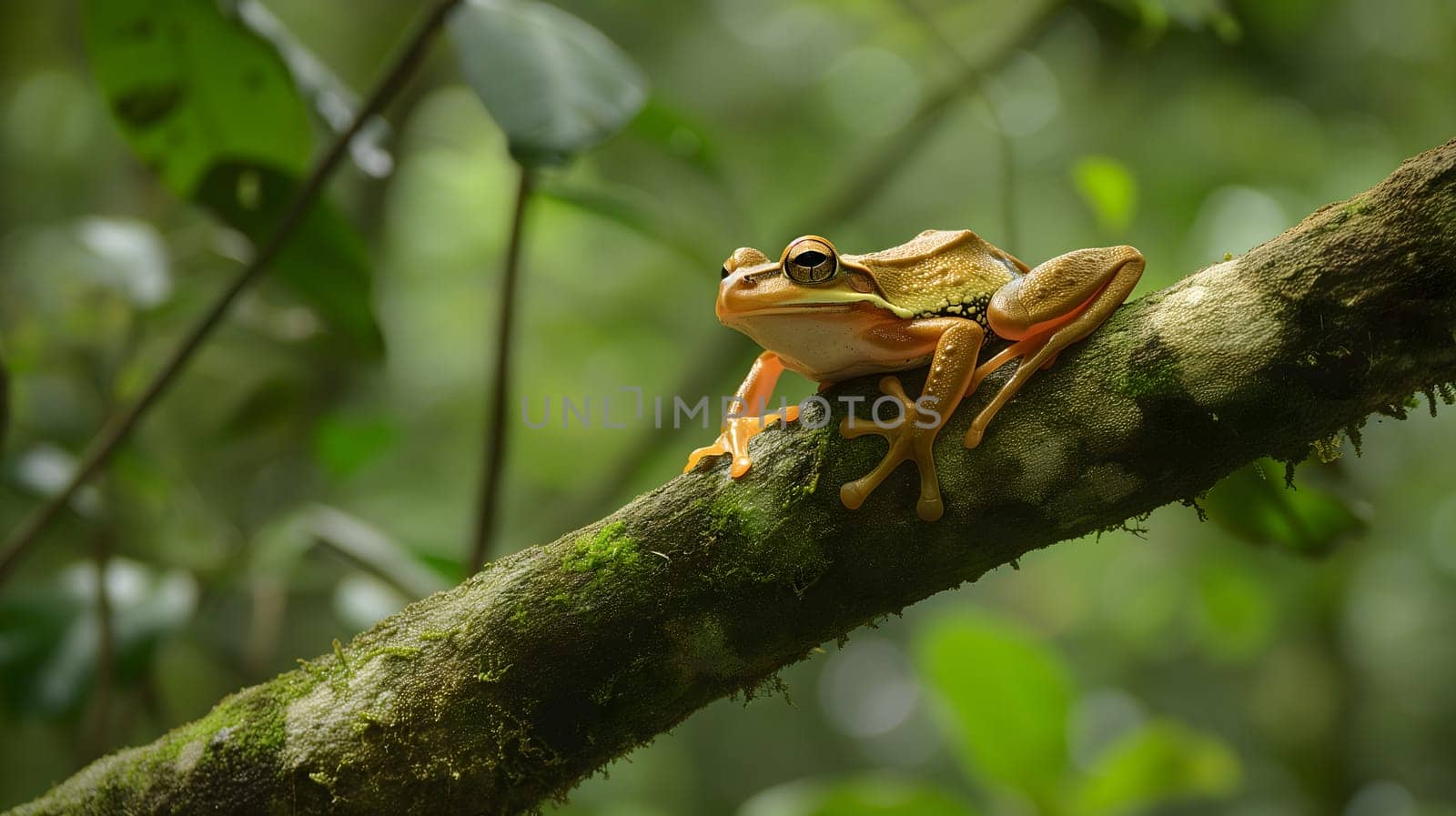 A frog resting on a tree branch in dense jungles. Neural network generated image. Not based on any actual scene or pattern.