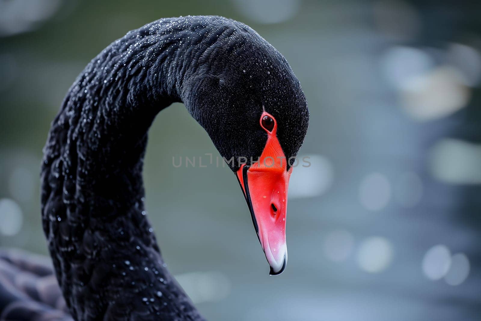 Black swan on water surface, close up. Neural network generated image. Not based on any actual scene or pattern.