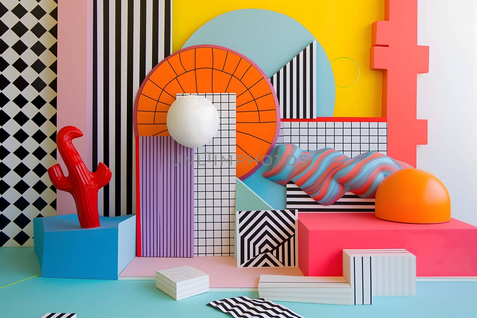 abstract background of playful convergence of 2D pop-art graphics and 3D geometric shapes creating a vibrant multiverse portal, embodying high-energy and big-impact visuals. Neural network generated image. Not based on any actual scene or pattern.